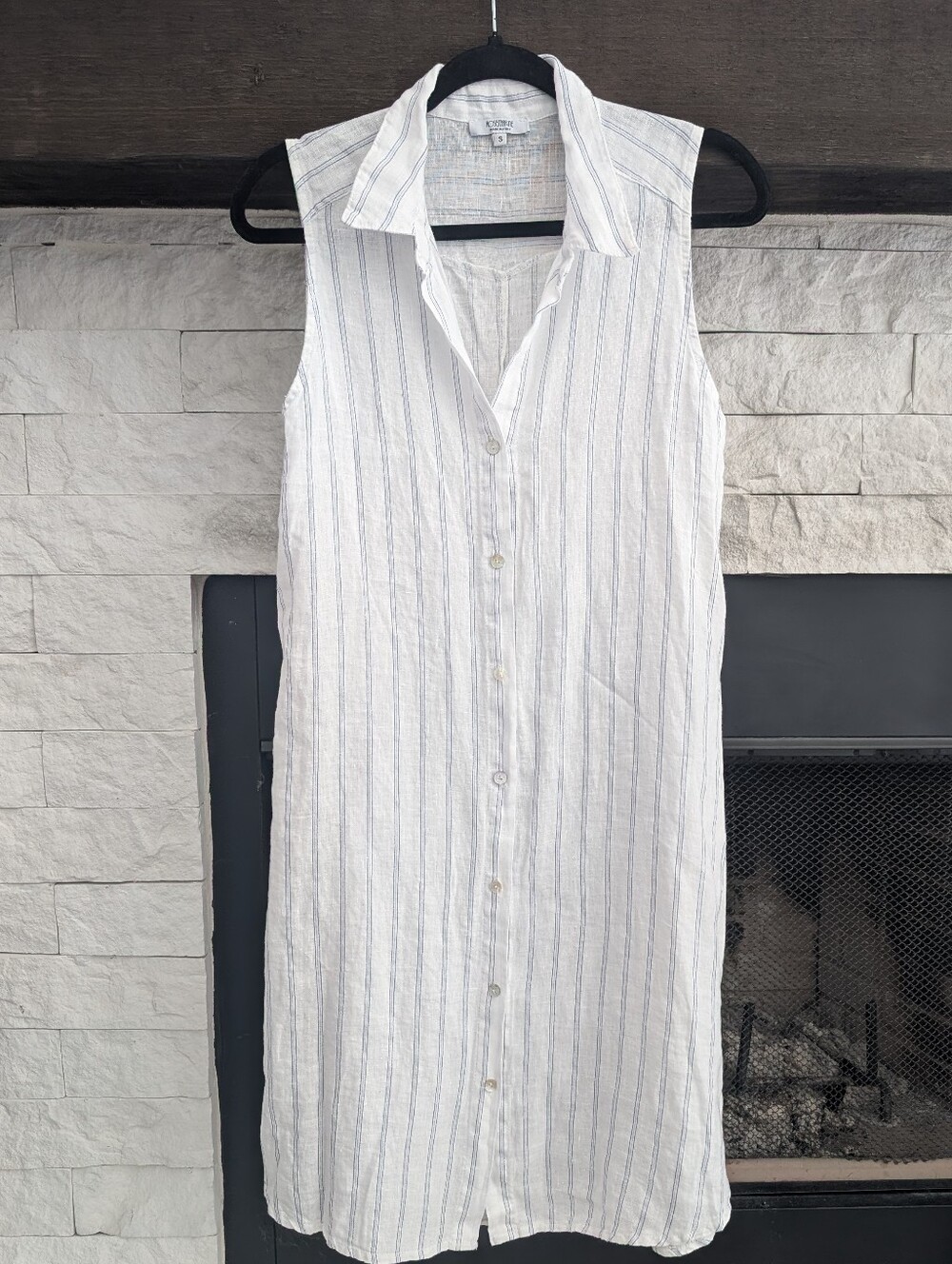 Made In Italy Rosemarine Linen Sleeveless White/Blue Stripe Button Down Dress